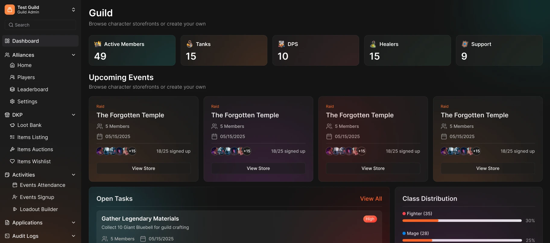 Interactive dashboard showing guild member roster, activity tracking, and management tools for Ashes of Creation guilds